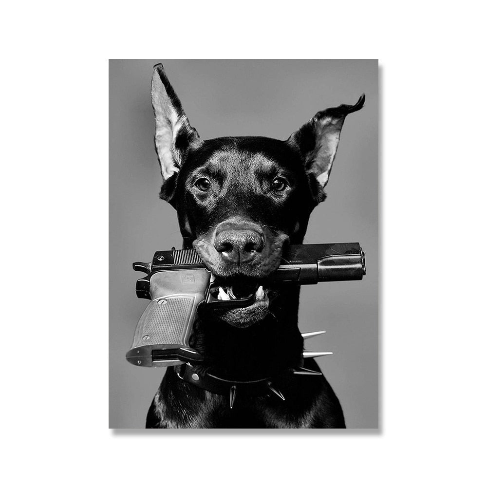 Doberman Dog Biting Gun Luxury Fashion Wall Poster Canvas - DormVibes