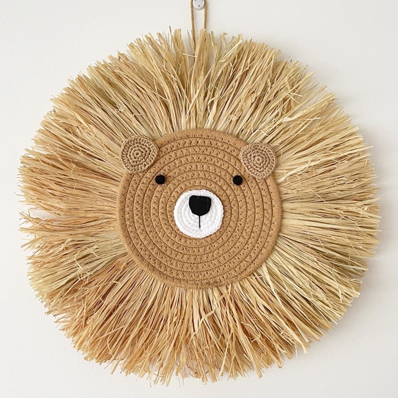 Handmade Lion Wall Decor: Nordic Cotton Thread & Straw Woven Animal Head Ornament - DormVibes