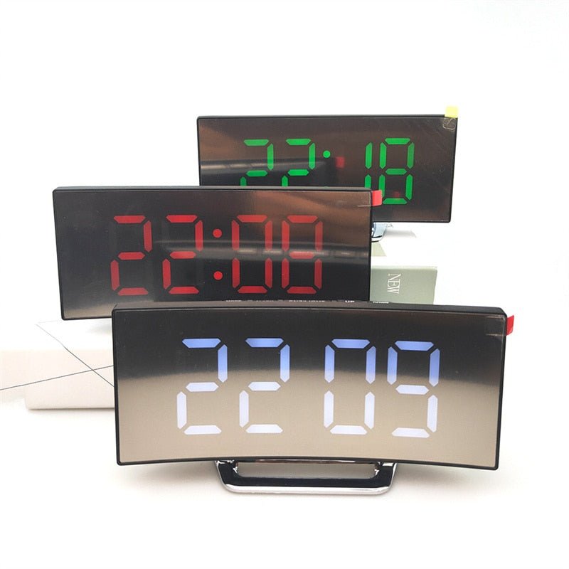 LED Digital Alarm Clock – Curved Mirror Screen, Table Clock with Snooze Function, Electronic Desktop Display, Bedroom and Home Decor - DormVibes