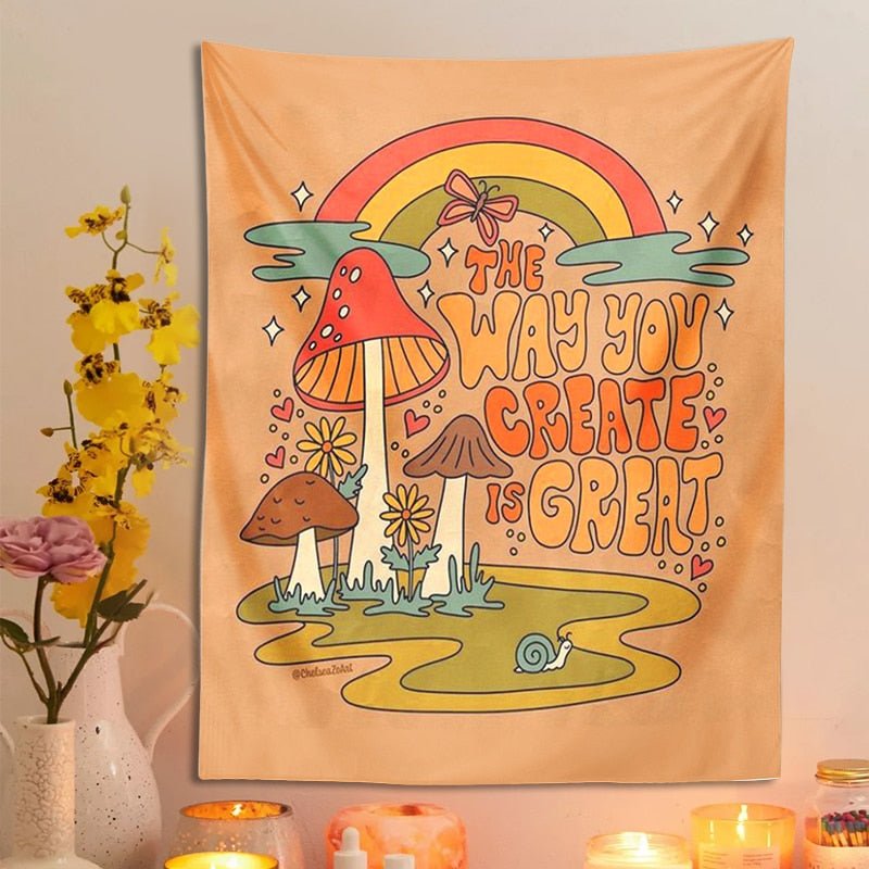 Psychedelic Rainbow Mushroom Tapestry: Inspirational 'The Way You Create Great' Hippie Wall Decor for Homes and Dorms - DormVibes