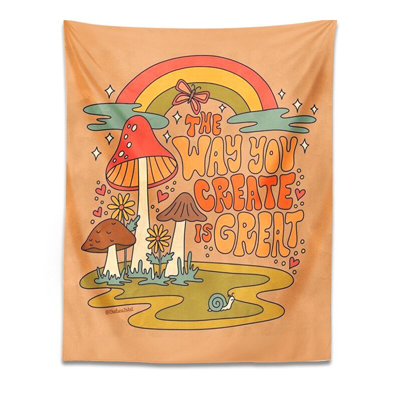 Psychedelic Rainbow Mushroom Tapestry: Inspirational 'The Way You Create Great' Hippie Wall Decor for Homes and Dorms - DormVibes