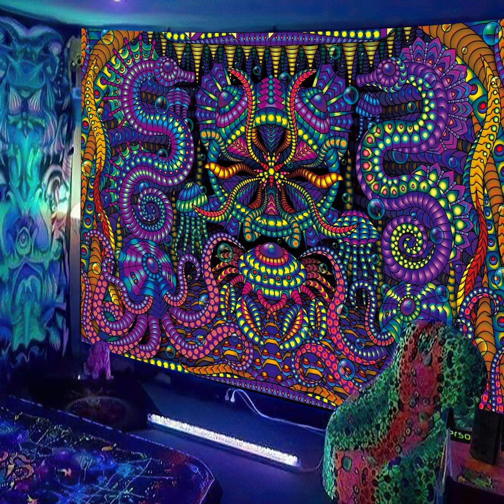 Seahorse and Octopus Trippy Blacklight Tapestry - DormVibes