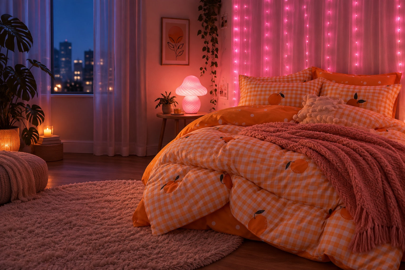 Orange Dreams Bedding Set with color-changing wall lights and Glass Mushroom Lamp