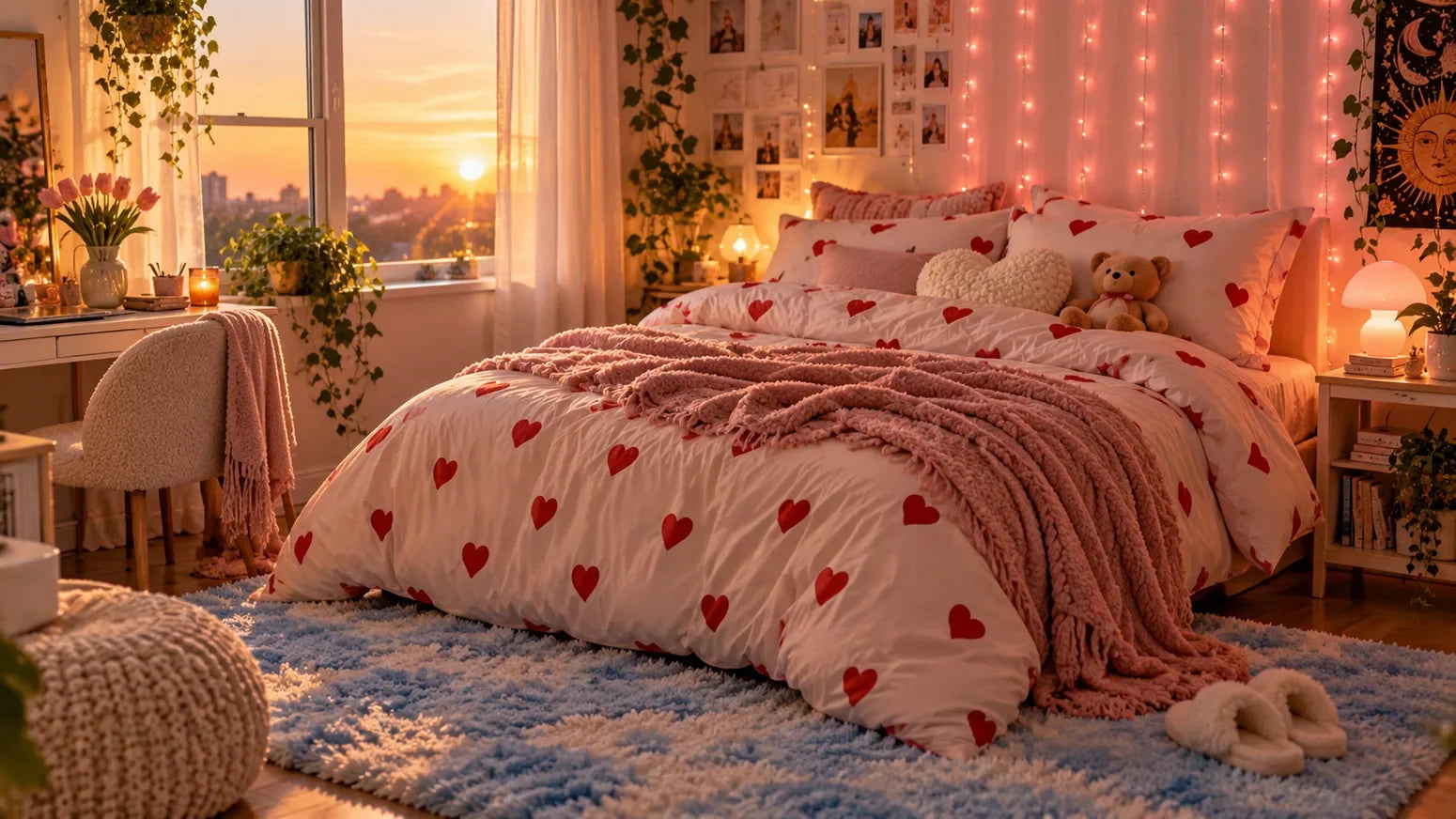 A warm pink bedroom styled with heart bedding, wall lights, and an ocean wave rug