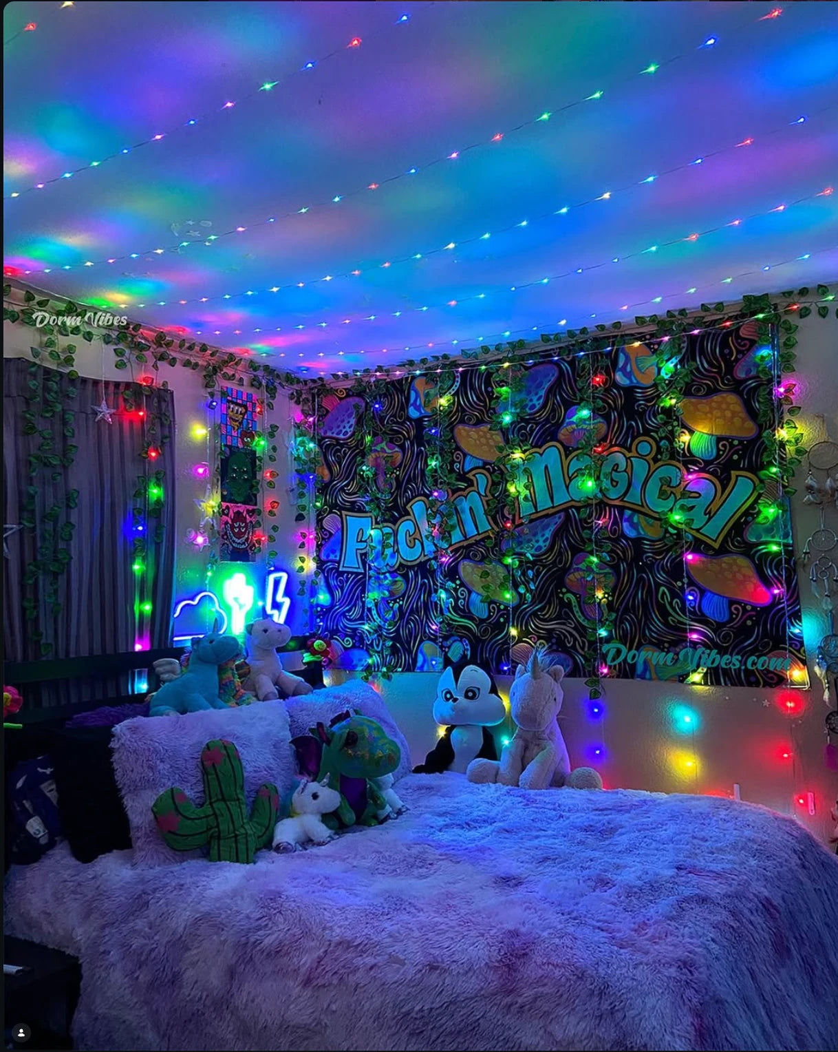 A colorful DormVibes bedroom with rainbow lighting and a mushroom tapestry