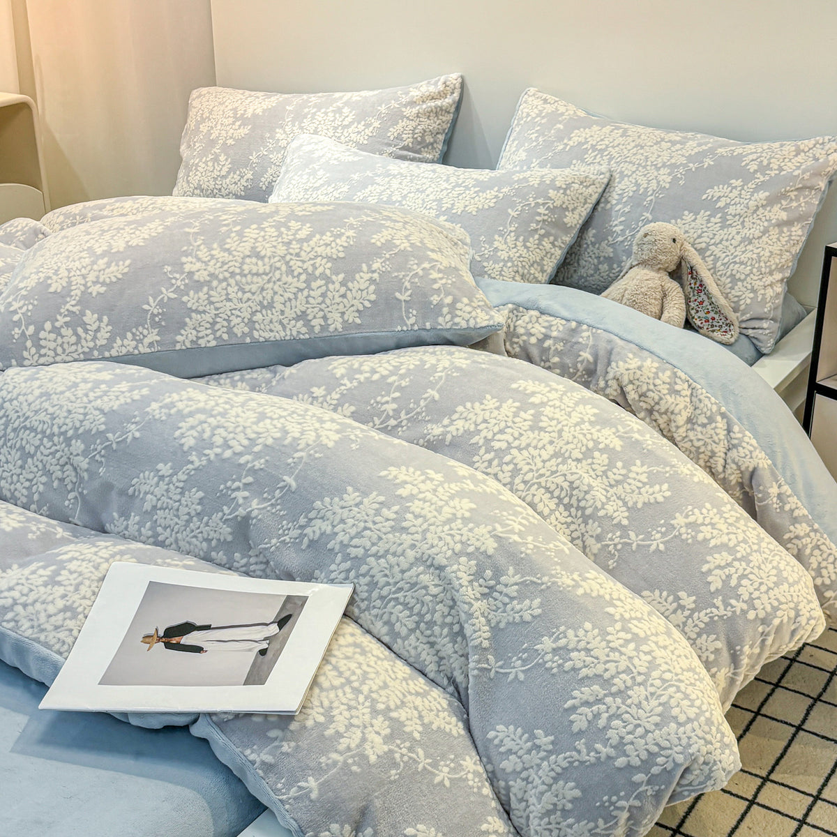 Clementine Blue powder blue duvet bedding with raised white floral detailing, product photo 5