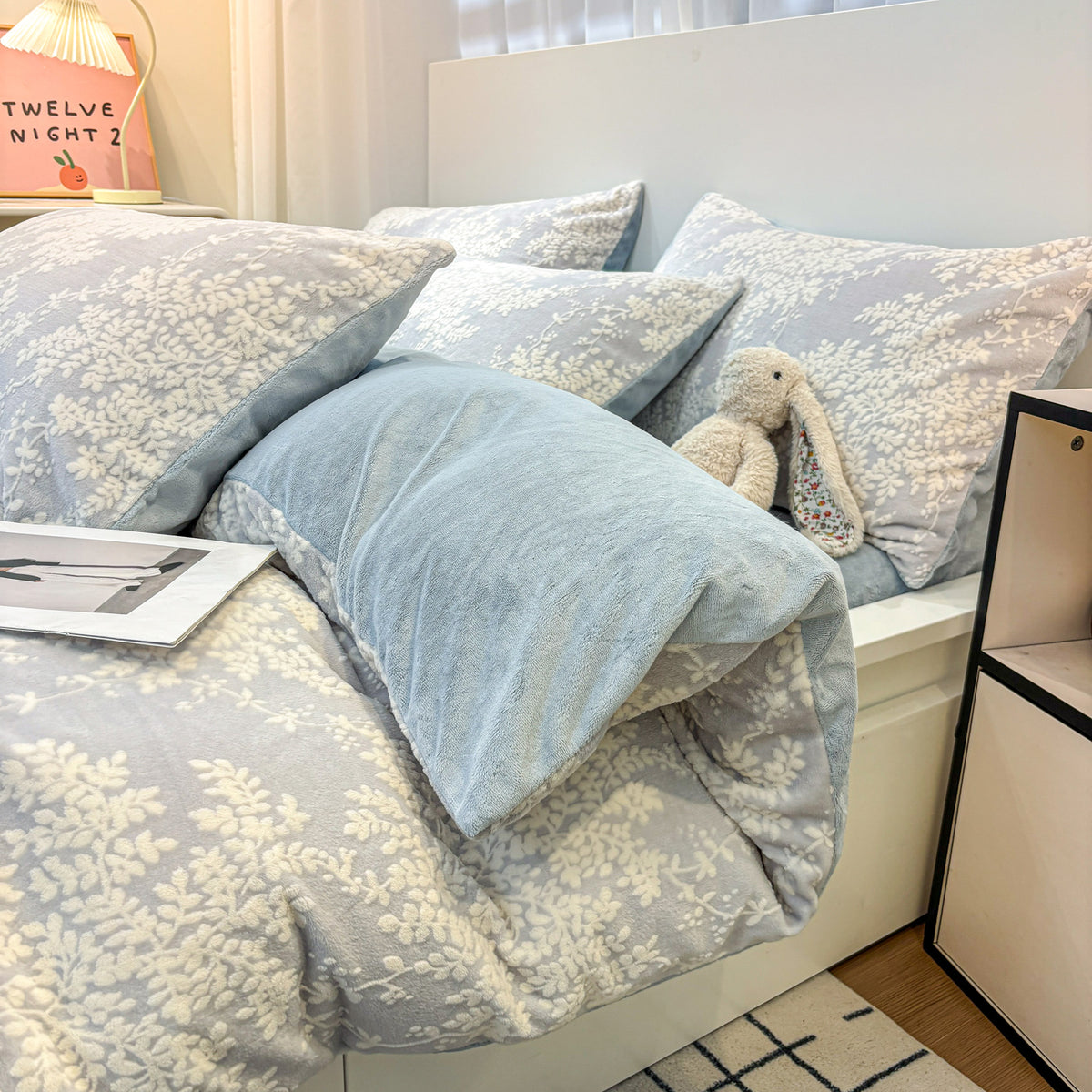 Clementine Blue powder blue duvet bedding with raised white floral detailing, product photo 6