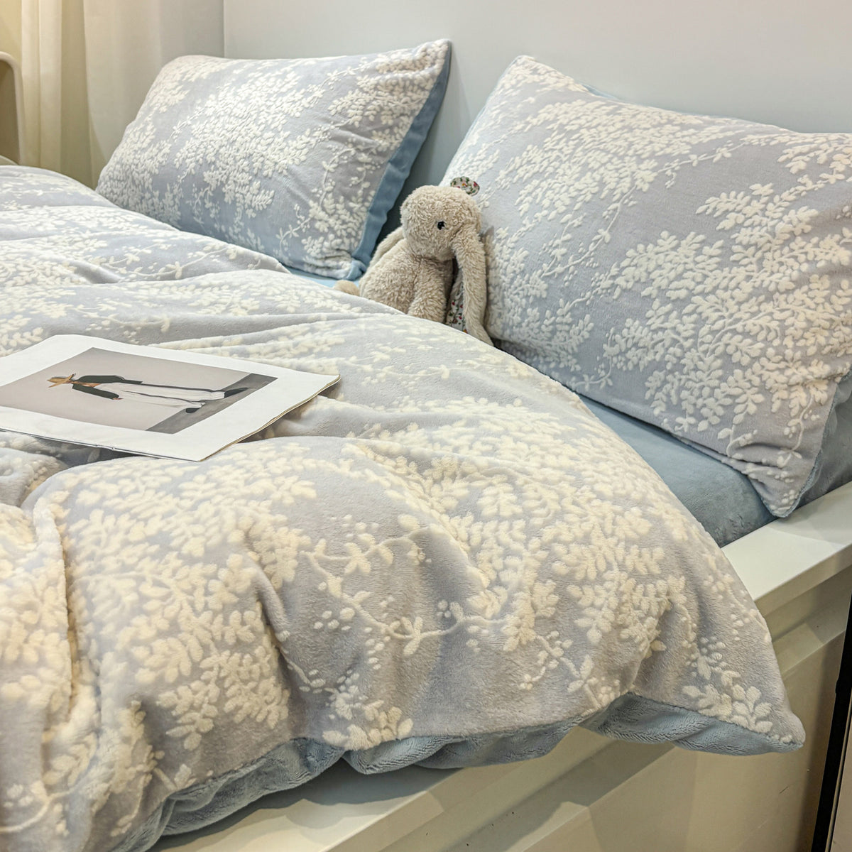 Clementine Blue powder blue duvet bedding with raised white floral detailing, product photo 7