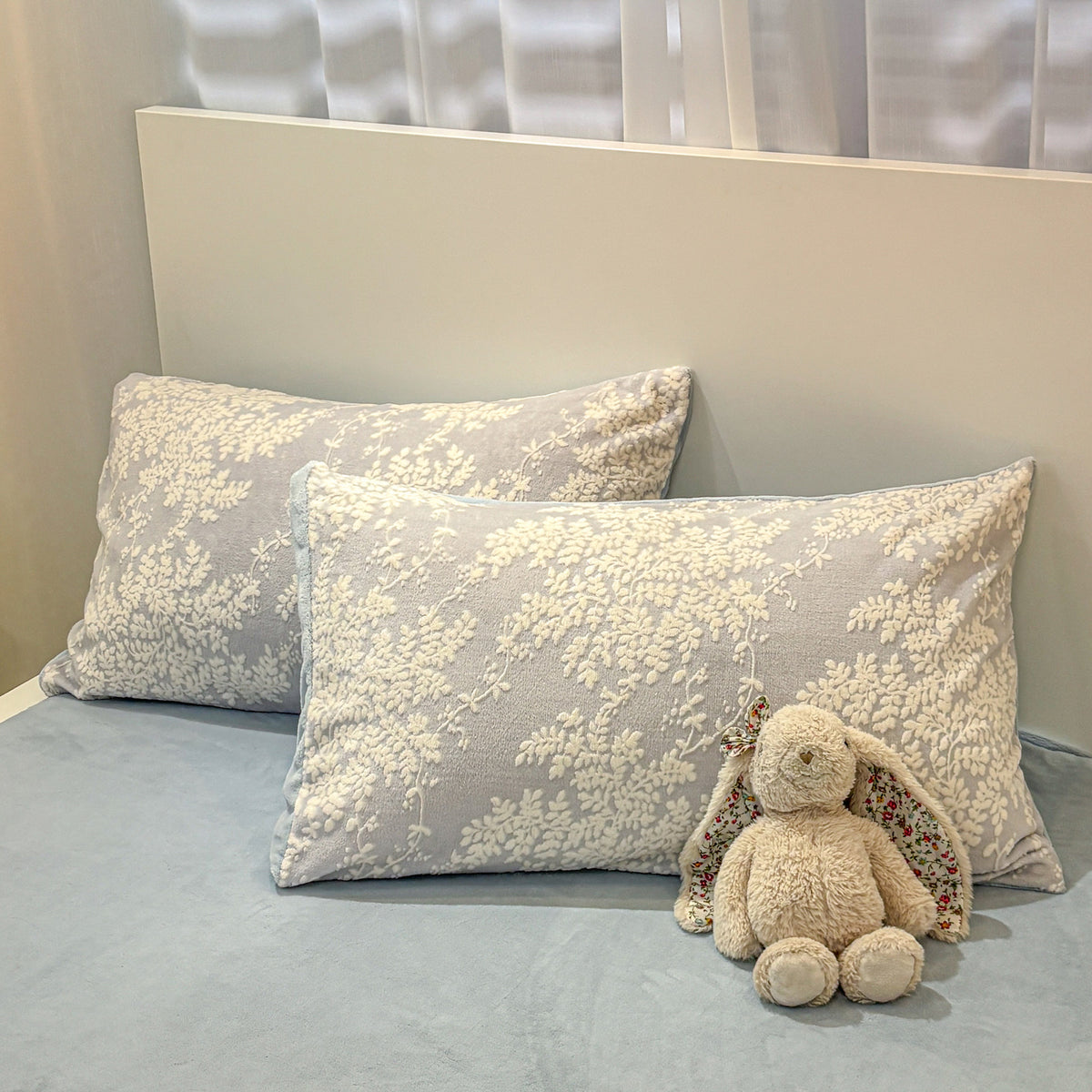 Clementine Blue powder blue duvet bedding with raised white floral detailing, product photo 10