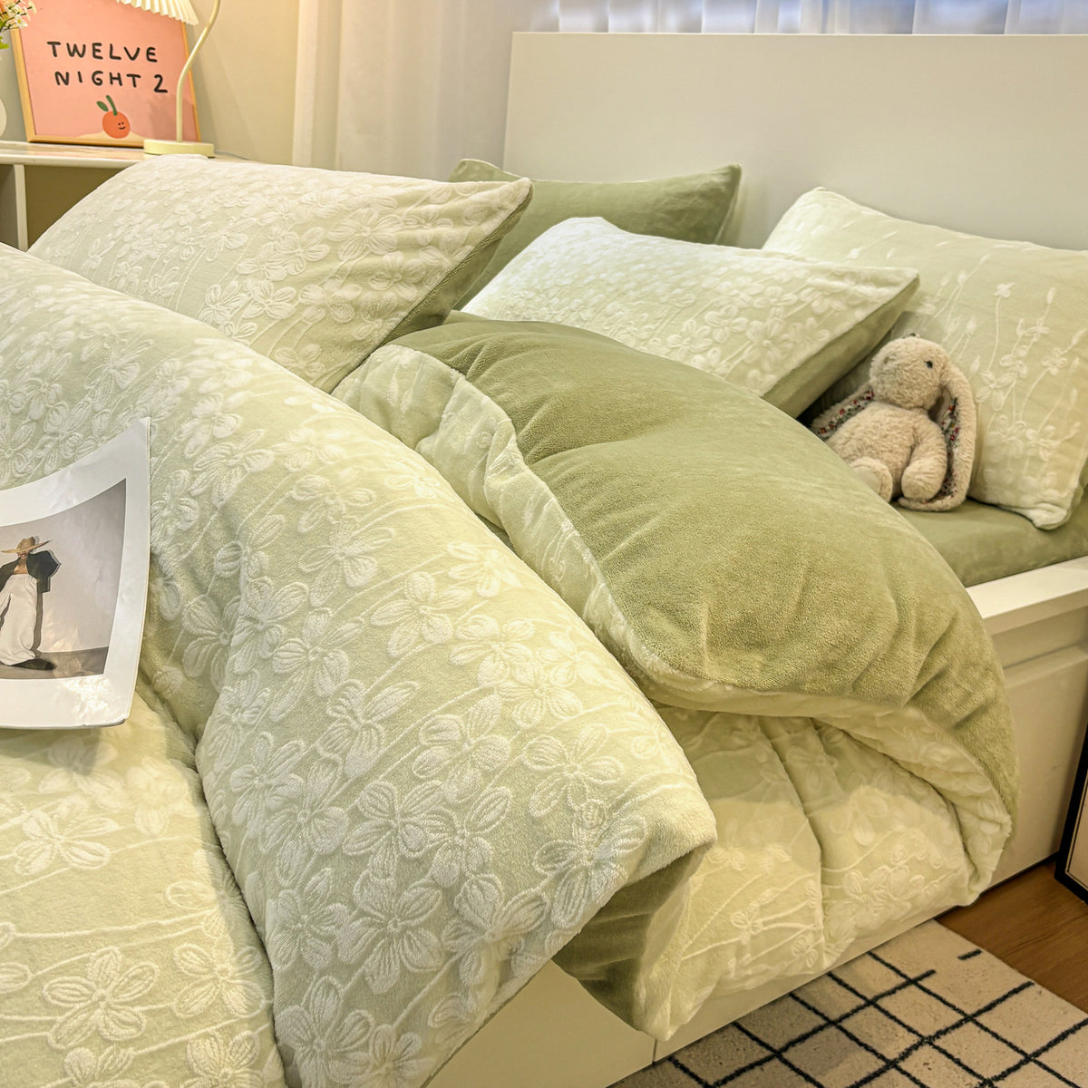 Sage Green Meadowette raised floral bedding full bed