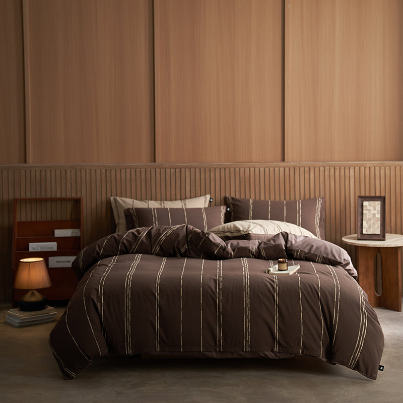Mocha brown bedding with light stitched stripes