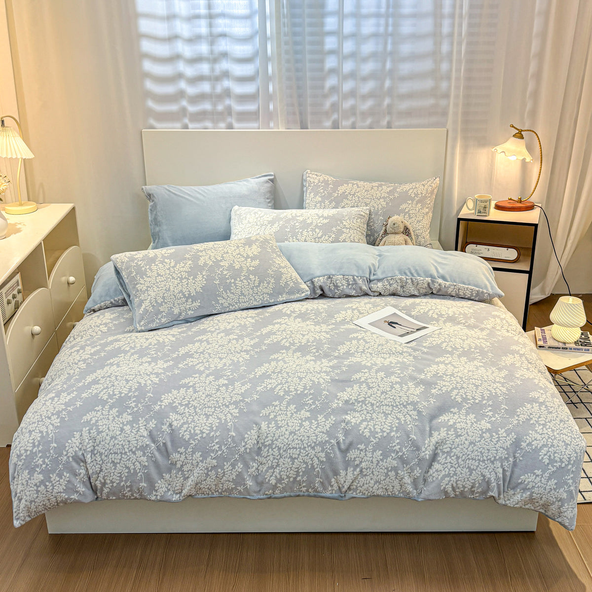 Clementine Blue powder blue duvet bedding with raised white floral detailing, product photo 3