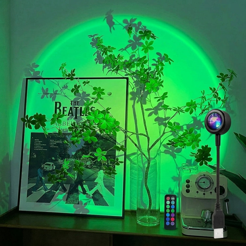 Sunset projector casting a green circle on a wall behind plants