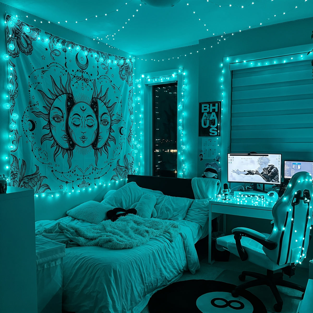Turquoise ceiling lights above a bed and a desktop computer
