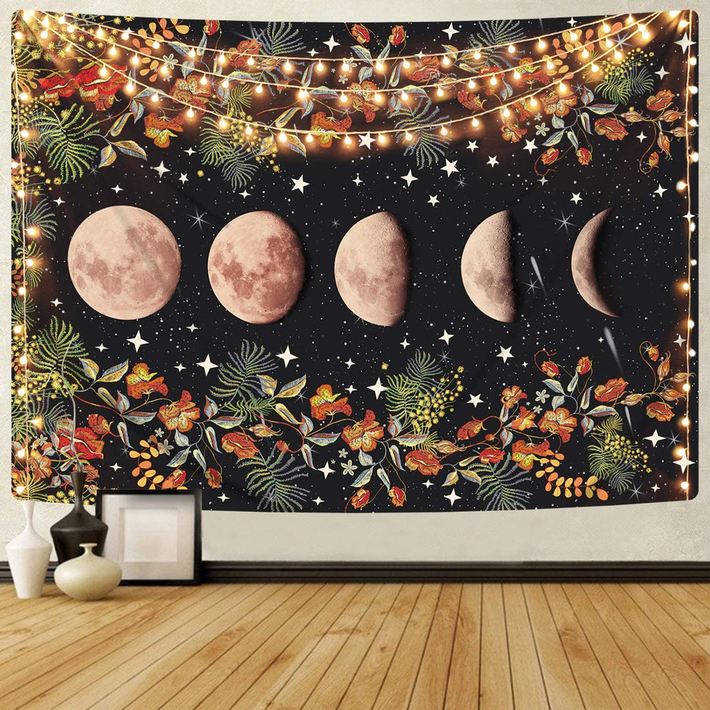 Moon phase tapestry with peach moons, stars and a floral border