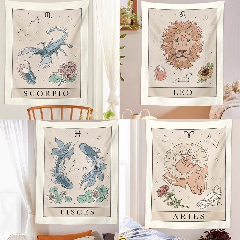 Scorpio, Leo, Pisces and Aries illustrated zodiac tapestries
