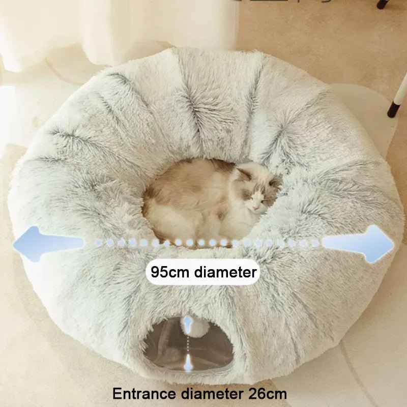 2-in-1 Round Cat Bed & Tunnel Toy: Plush Comfort for Pets - DormVibes