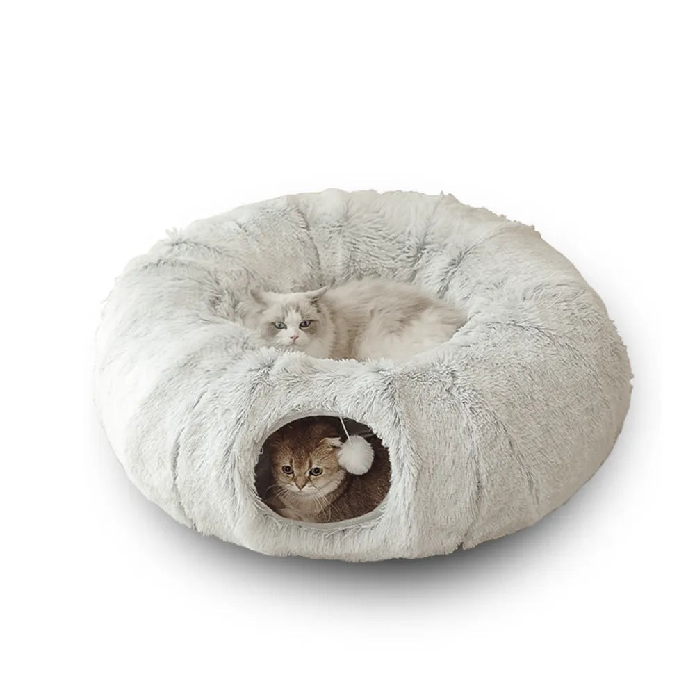2-in-1 Round Cat Bed & Tunnel Toy: Plush Comfort for Pets - DormVibes