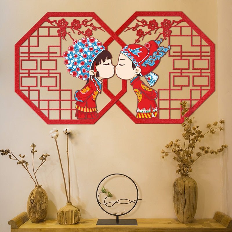 2-Piece Chinese Wedding Wall Decals – Red Non-Woven Fabric Door Stickers, Bedroom and Living Room Decoration, Traditional Home Decor - DormVibes