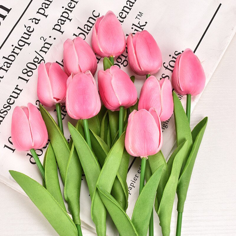 Pink Artificial Tulips PU Flowers 20 Stems Real Touch Tulip