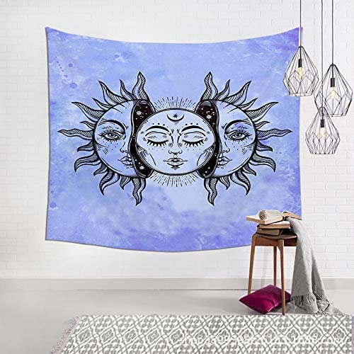 Blue celestial tapestry with black sun and crescent moon faces