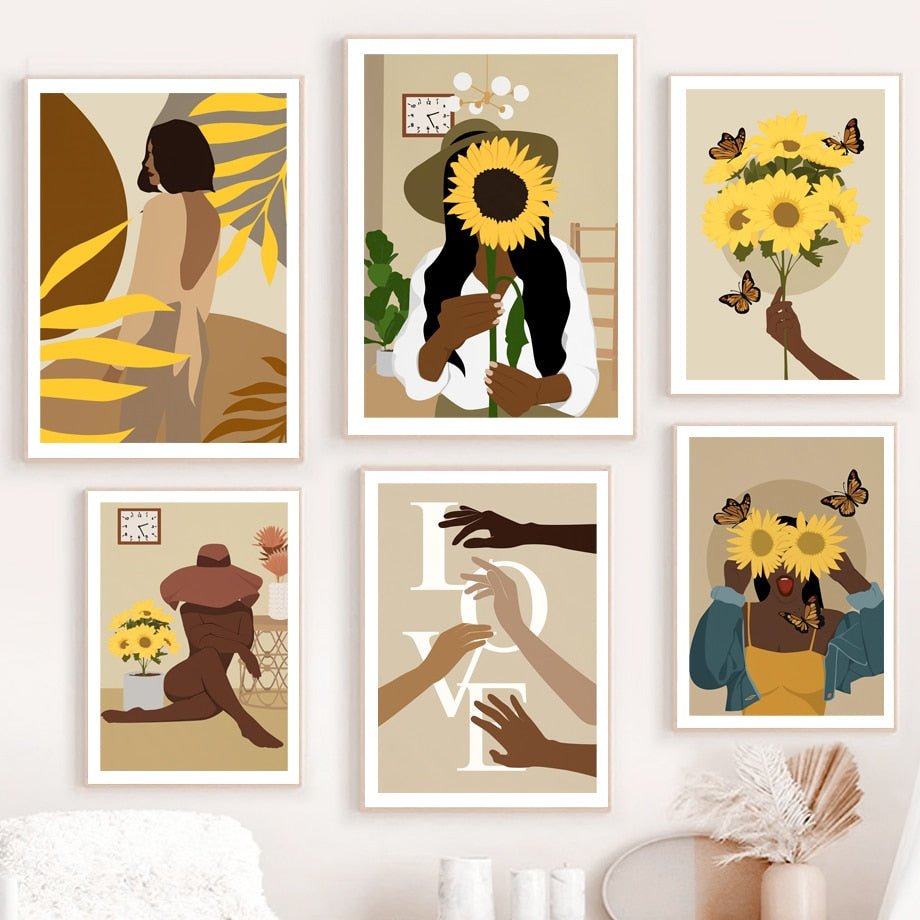 Abstract African Art Canvas Painting: Sunflower, Butterfly, and Black Girl Nordic Posters and Prints for Living Room Decor - DormVibes