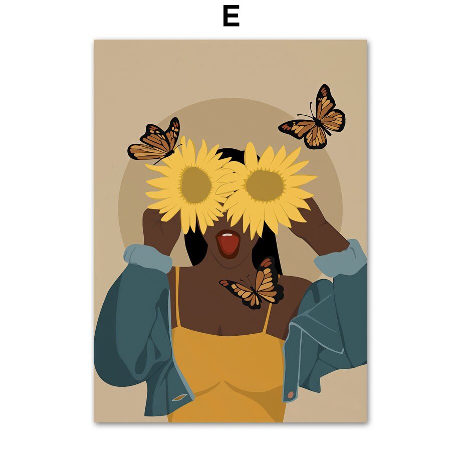 Abstract African Art Canvas Painting: Sunflower, Butterfly, and Black Girl Nordic Posters and Prints for Living Room Decor - DormVibes