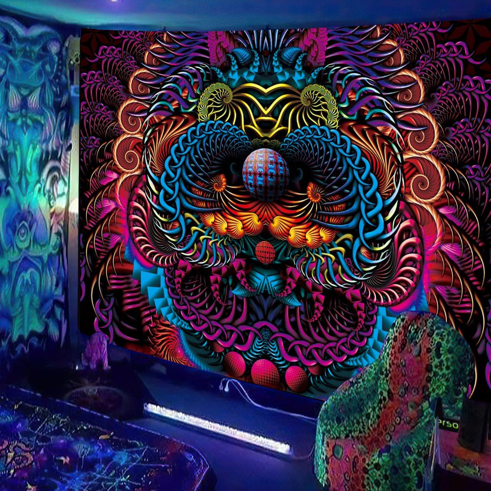 Multicolored interlocking spiral rings on a black tapestry