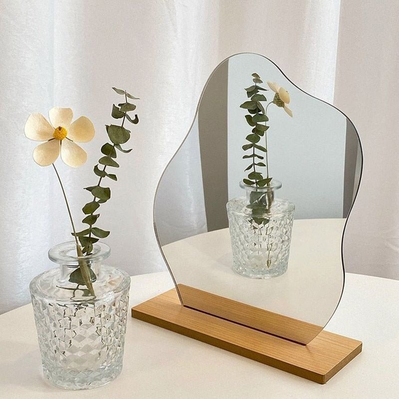 Acrylic Irregular Mirror: Nordic Style Makeup Mirror with Wooden Base - DormVibes