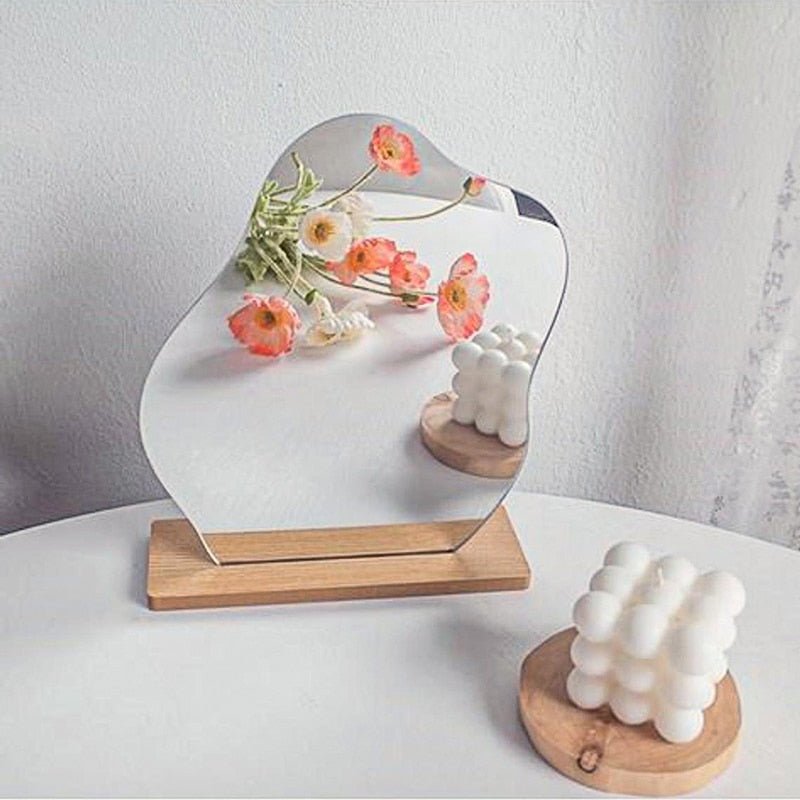 Acrylic Irregular Mirror: Nordic Style Makeup Mirror with Wooden Base - DormVibes