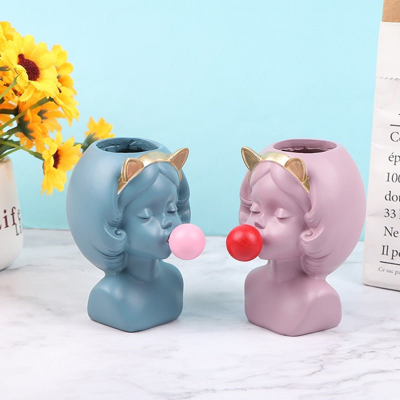 Adorable Bubble Gum Girl Figurine: Resin Flower Vase and Plant Pot for Home Decor - DormVibes