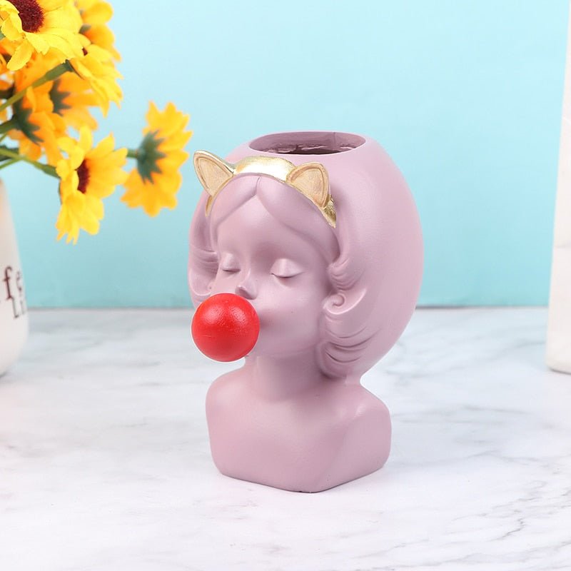 Adorable Bubble Gum Girl Figurine: Resin Flower Vase and Plant Pot for Home Decor - DormVibes