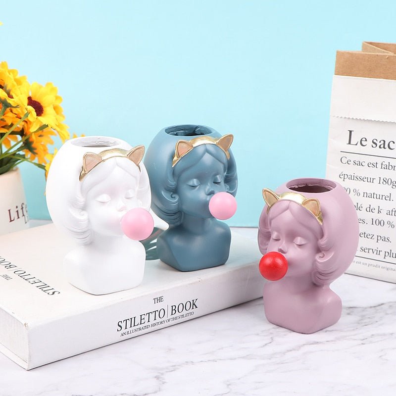 Adorable Bubble Gum Girl Figurine: Resin Flower Vase and Plant Pot for Home Decor - DormVibes