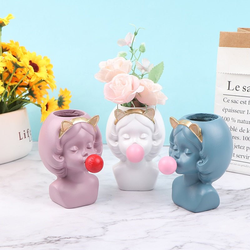 Adorable Bubble Gum Girl Figurine: Resin Flower Vase and Plant Pot for Home Decor White