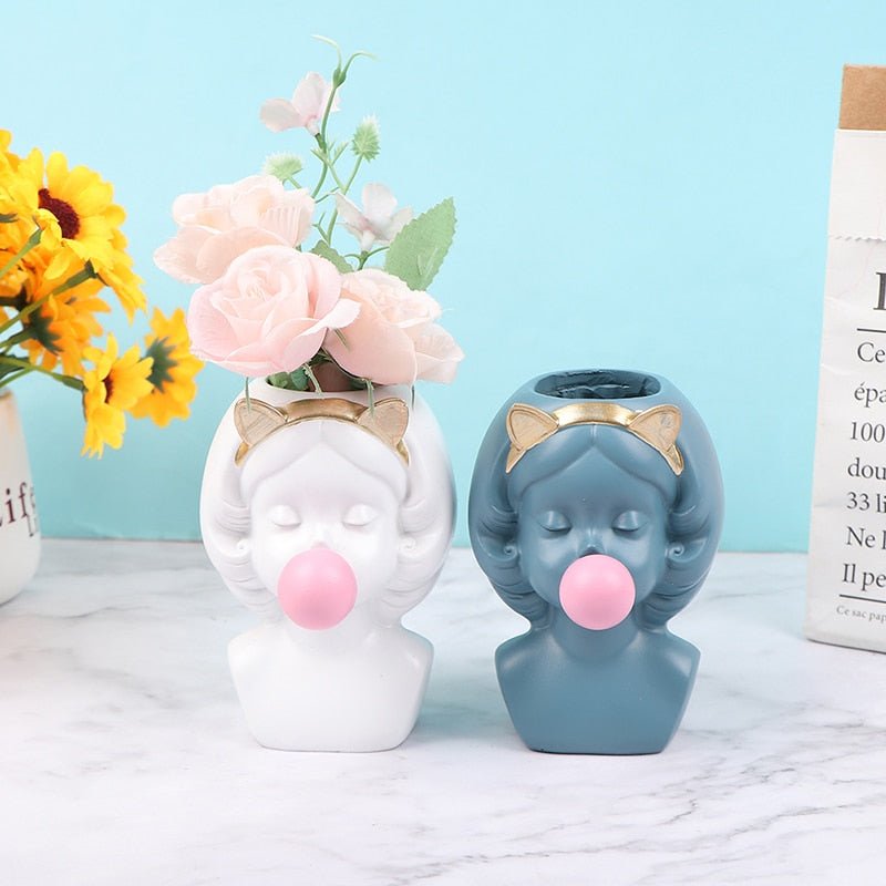 Adorable Bubble Gum Girl Figurine: Resin Flower Vase and Plant Pot for Home Decor - DormVibes