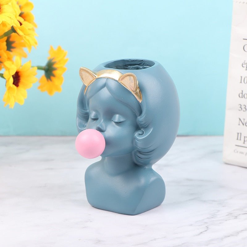 Adorable Bubble Gum Girl Figurine: Resin Flower Vase and Plant Pot for Home Decor - DormVibes