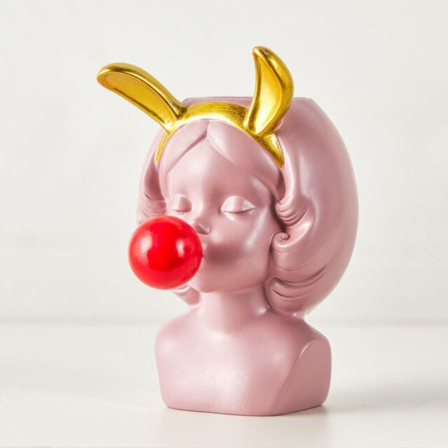 Adorable Bubble Gum Girl Figurine: Resin Flower Vase and Plant Pot for Home Decor - DormVibes