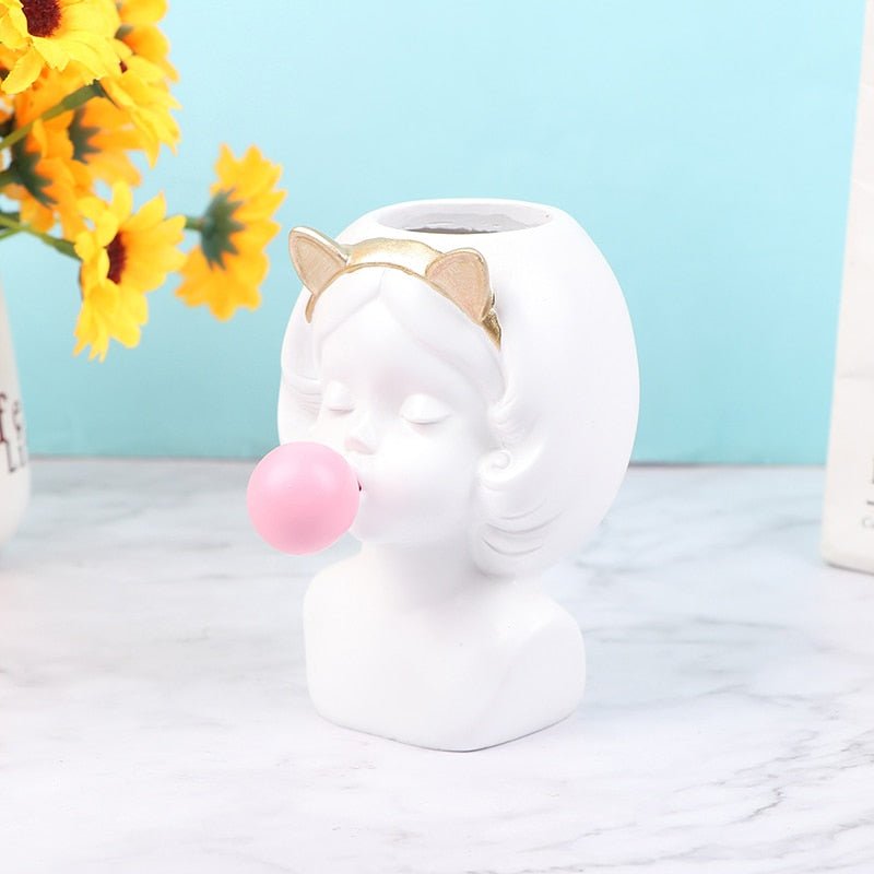 Adorable Bubble Gum Girl Figurine: Resin Flower Vase and Plant Pot for Home Decor - DormVibes