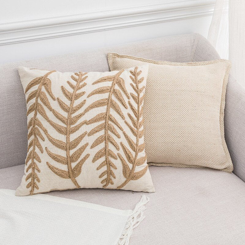 Aesthetic Linen Cushion Cover with Embroidered Leaves: Green Beige Home Decor for Living Room - DormVibes