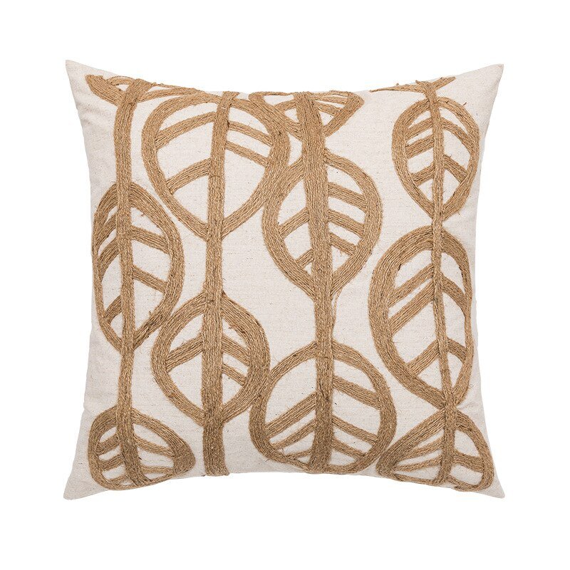 Aesthetic Linen Cushion Cover with Embroidered Leaves: Green Beige Home Decor for Living Room - DormVibes