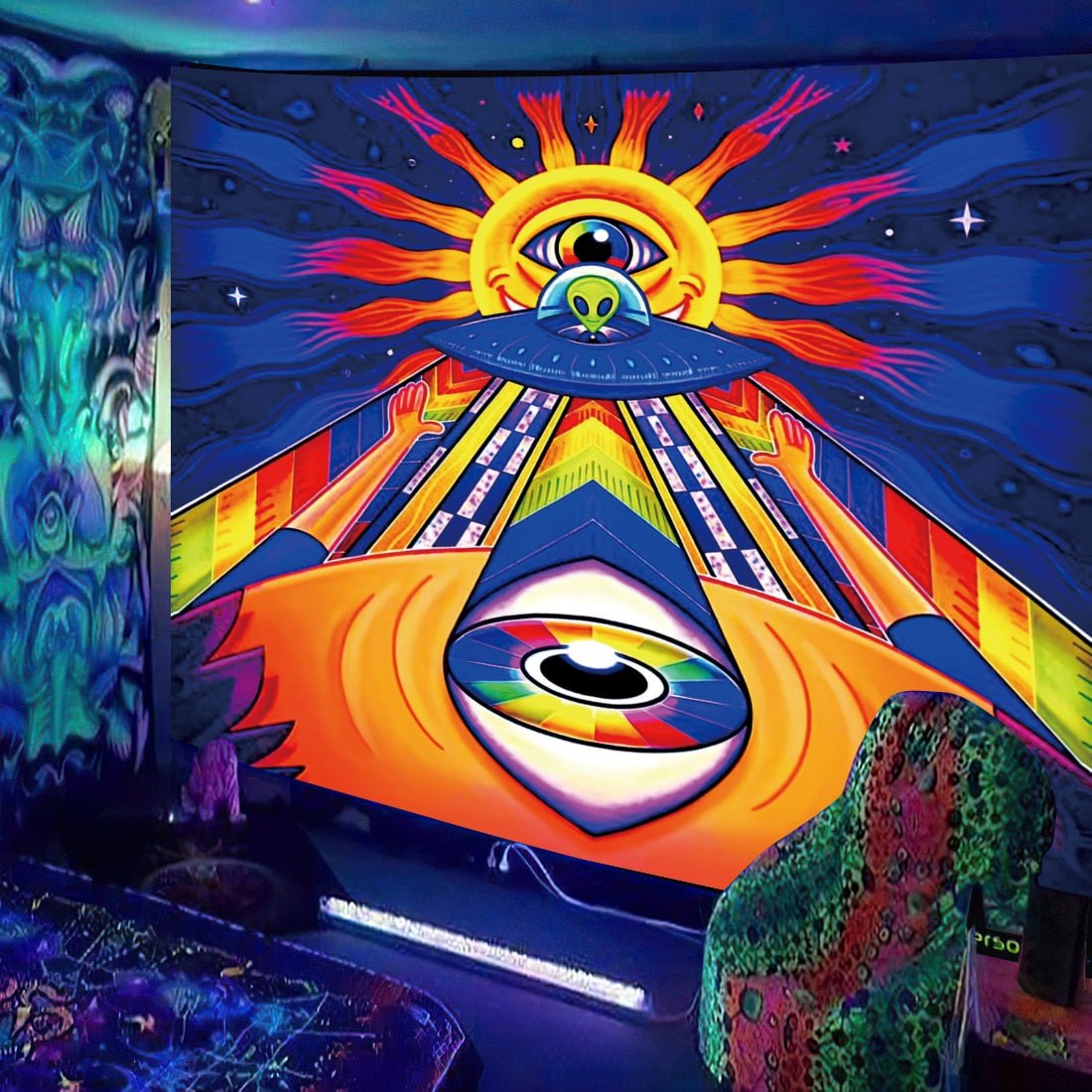 Alien Spaceship Trippy Blacklight Tapestry DormVibes