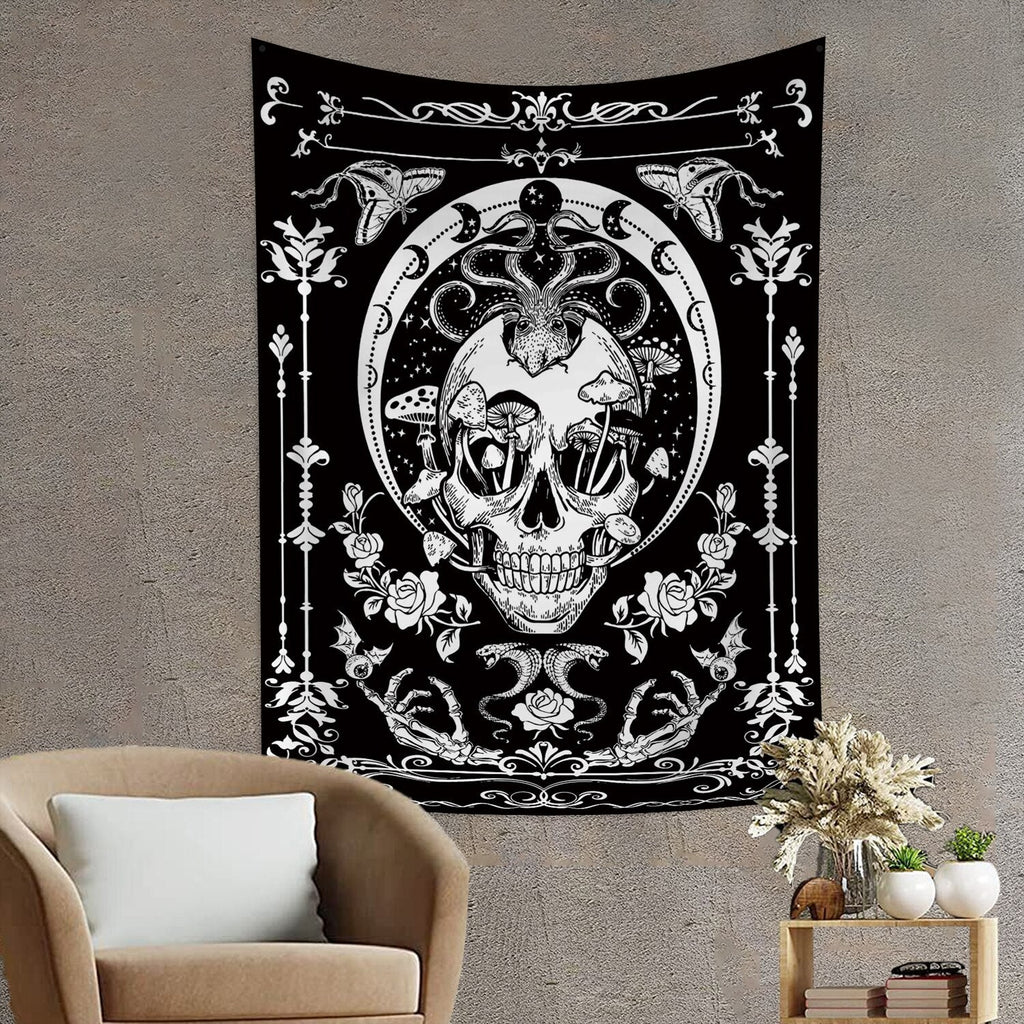 Black and White Skull Tarot Skeleton Flower Tapestry Wall Hanging - DormVibes