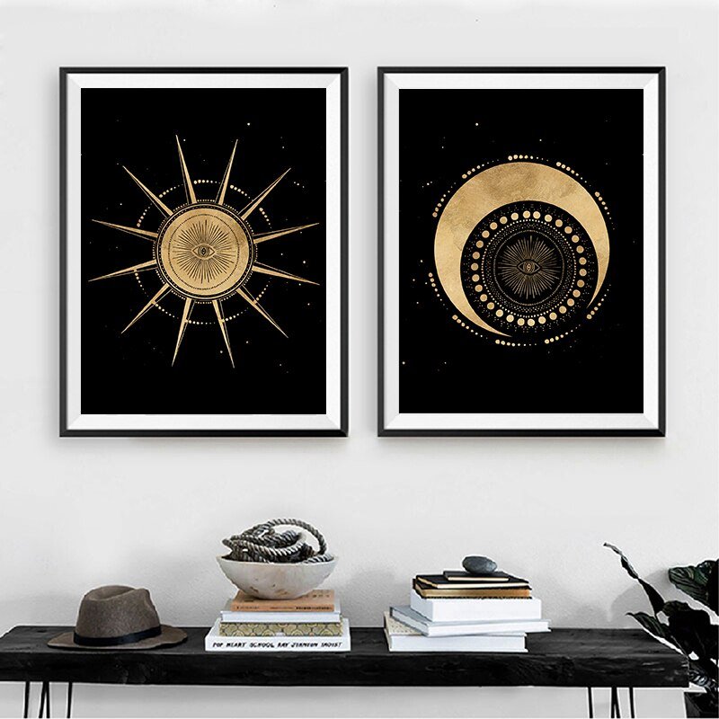 Black Gold Moon Sun Wall Art - DormVibes