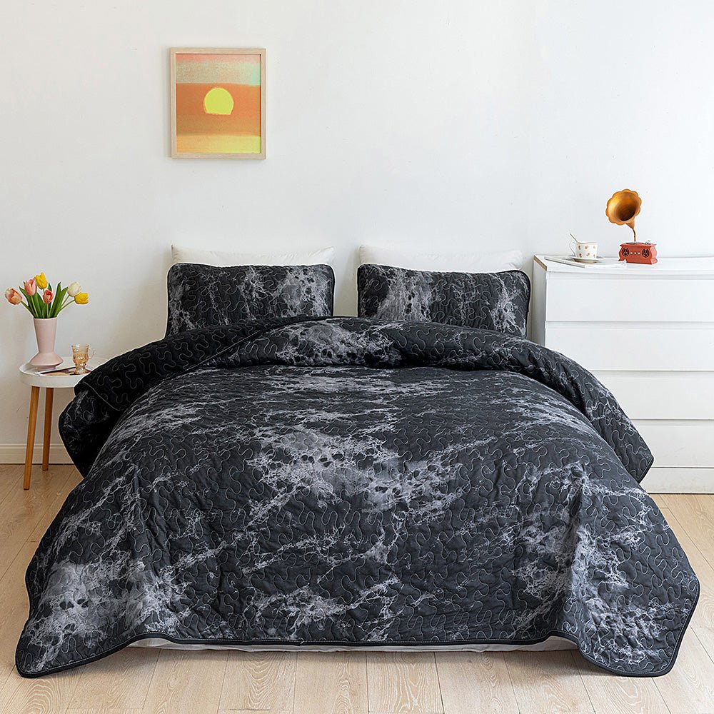 Black Marble Bedspread Set - DormVibes