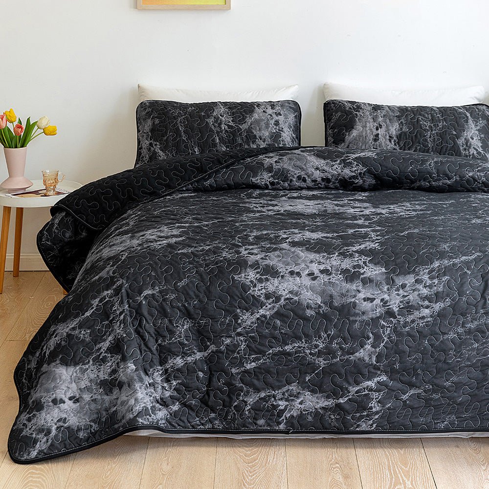 Black Marble Bedspread Set - DormVibes