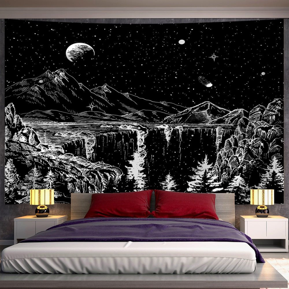 Black-and-white mountain and waterfall tapestry beneath a starry moonlit sky