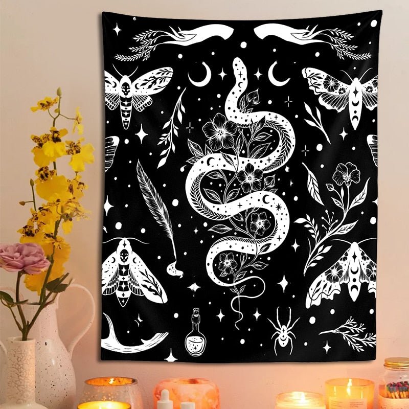 Black White Moth Snake Tapestry - DormVibes