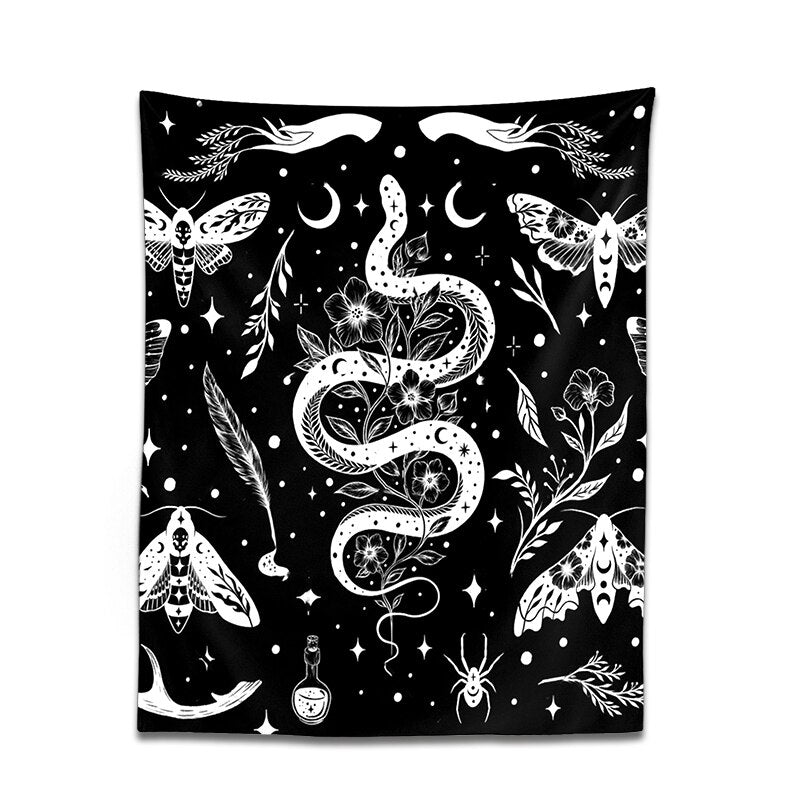 Black White Moth Snake Tapestry - DormVibes