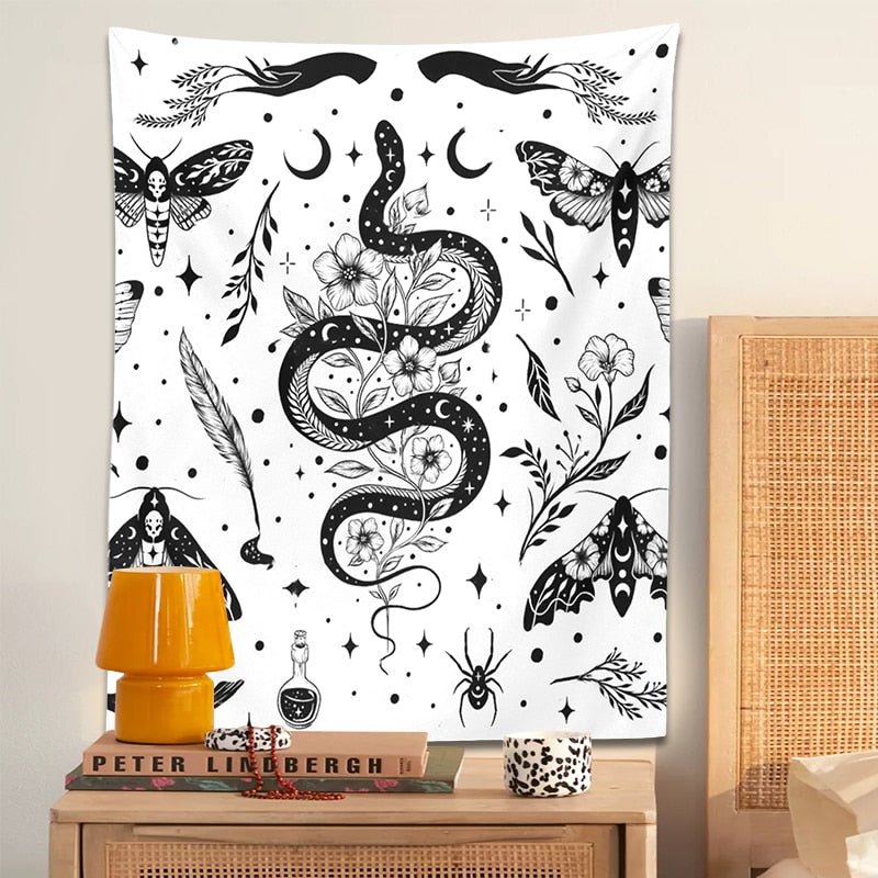Black White Moth Snake Tapestry - DormVibes