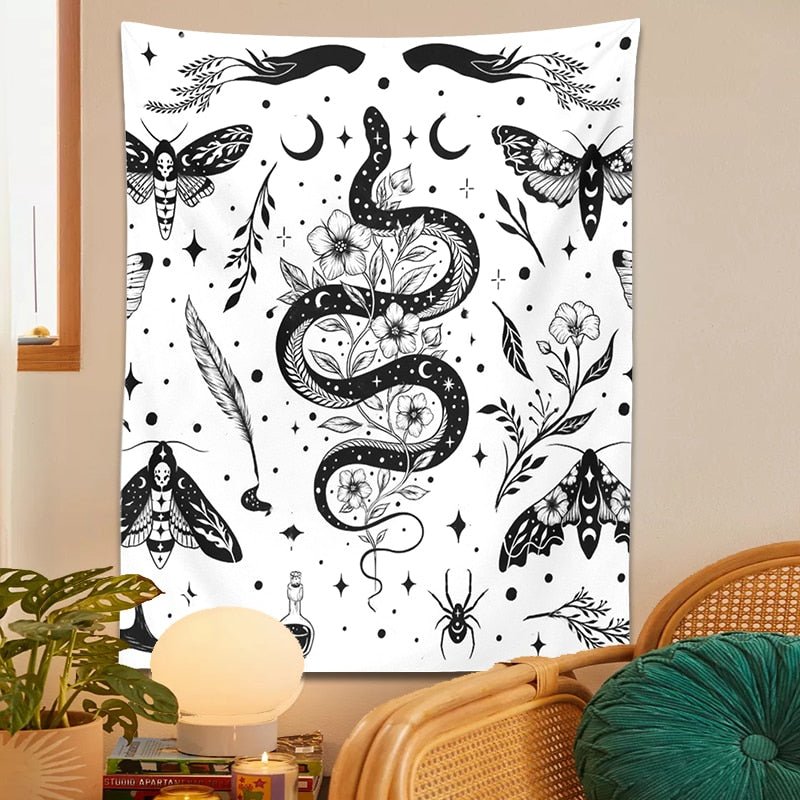 Black White Moth Snake Tapestry - DormVibes